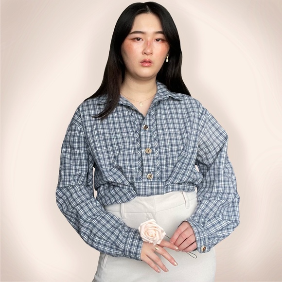 vtg navy + white + beige plaid button up shirt - Picture 2 of 4